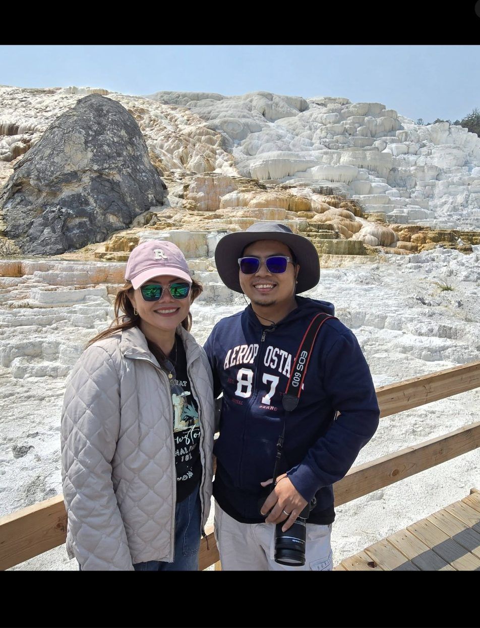 Rochelle and Nathaniel together at Mammoth Hot Springs boardwalk